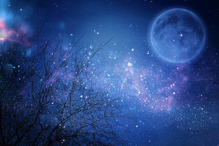 梦幻般的幻想满月与夜空中闪耀的星星照片