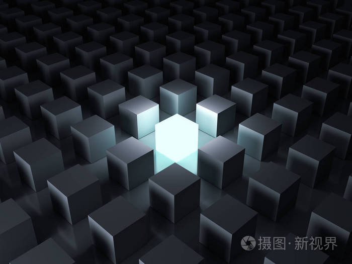 中脱颖而出,一个发光的光立方体在黑暗的夜晚背景中闪耀着反射和阴影