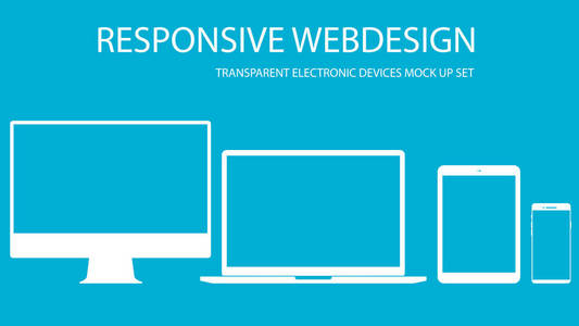 平面响应网页设计集显示笔记本电脑平板电脑和手机电子设备图标模板隔离在蓝色背景EPS10矢量插图。