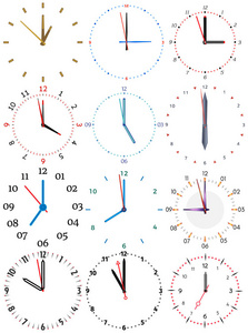 一组不同的机械时钟, 每个十二小时的图像