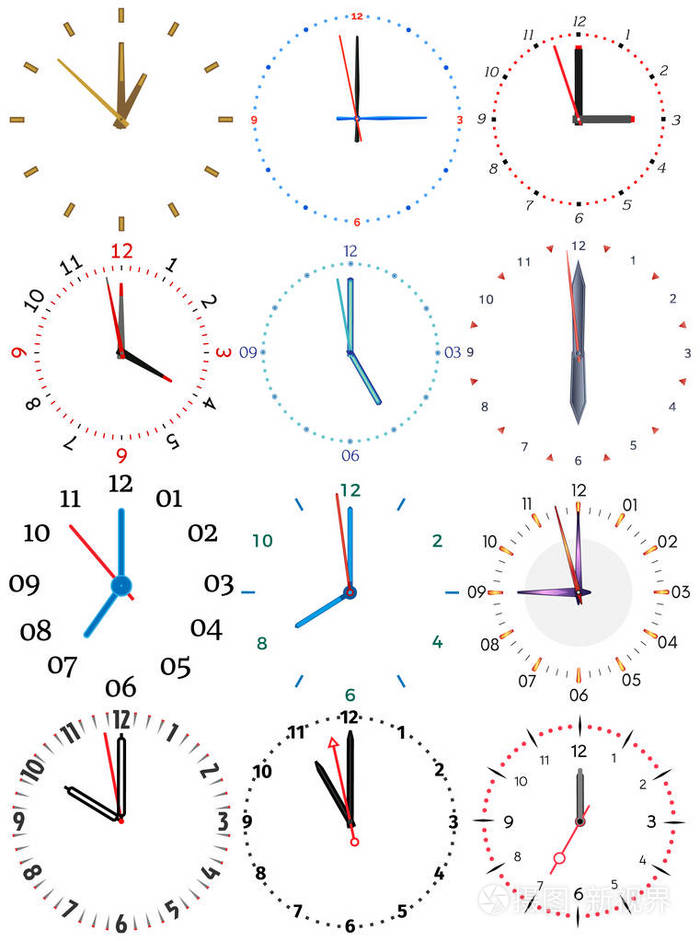 一组不同的机械时钟, 每个十二小时的图像