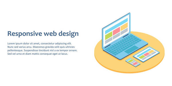 用不同的视图一个网页的设备的平面等距图。用于演示响应性 web 设计