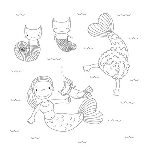 手绘黑白可爱的小美人鱼女孩与猫在鳍和水肺面具矢量插图照片