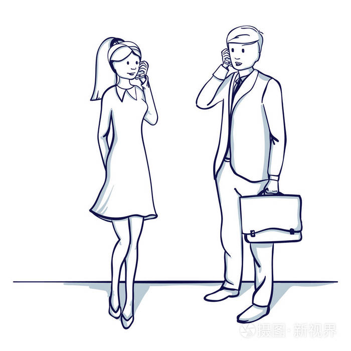 插画 年轻的商人:一男一女在打电话. 手绘涂鸦卡通矢量图.eps