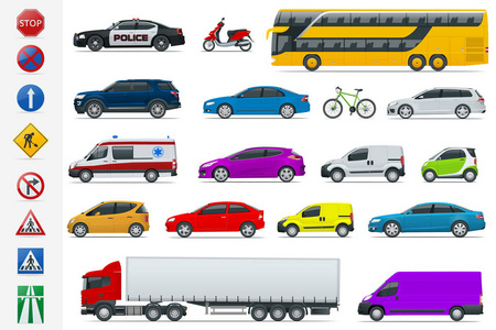 平高品质的城市交通车和路标图标集。侧面看轿车, 面包车, 货车, 越野, 公共汽车, 滑板车, 摩托车。城市公共图表和设计的货