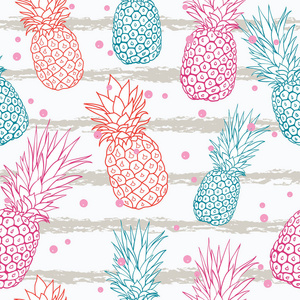 矢量菠萝在垃圾条纹夏天多彩的热带无缝图案背景。很好的纺织品印刷, 聚会请柬或包装