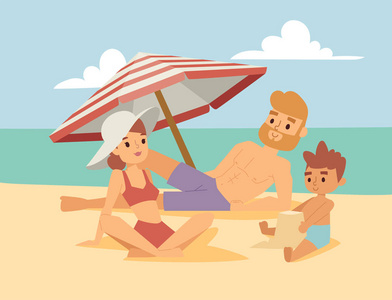 海滩上的人们, 夏天生活方式家庭乐趣假期快乐时光卡通人物矢量插画