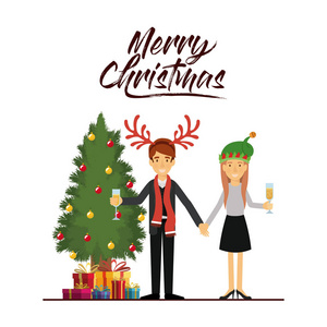 圣诞贺卡夫妇庆祝圣诞节与香槟玻璃旁边的树与礼物和他的围巾和驯鹿角和她的绿色圣诞帽