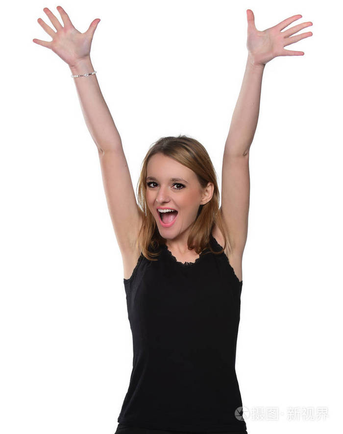 年轻漂亮女人举手的肖像孤立于白色背景