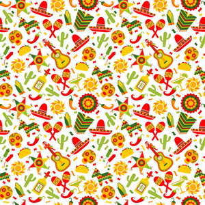 辛科 de 梅奥庆祝在墨西哥, 无缝模式, 白色, 食品, sambrero, 龙舌兰, 仙人掌。矢量插图