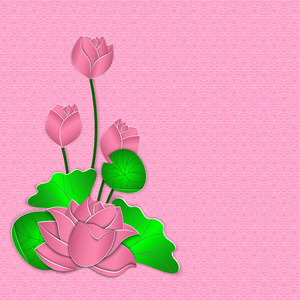 3d. 东方花卉背景, 带粉红色莲花花。横幅的矢量设计, 贺卡, 亚洲节日或活动的邀请, 商务演示的布局。剪纸风格