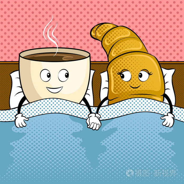 咖啡和牛角面包在床上流行艺术矢量