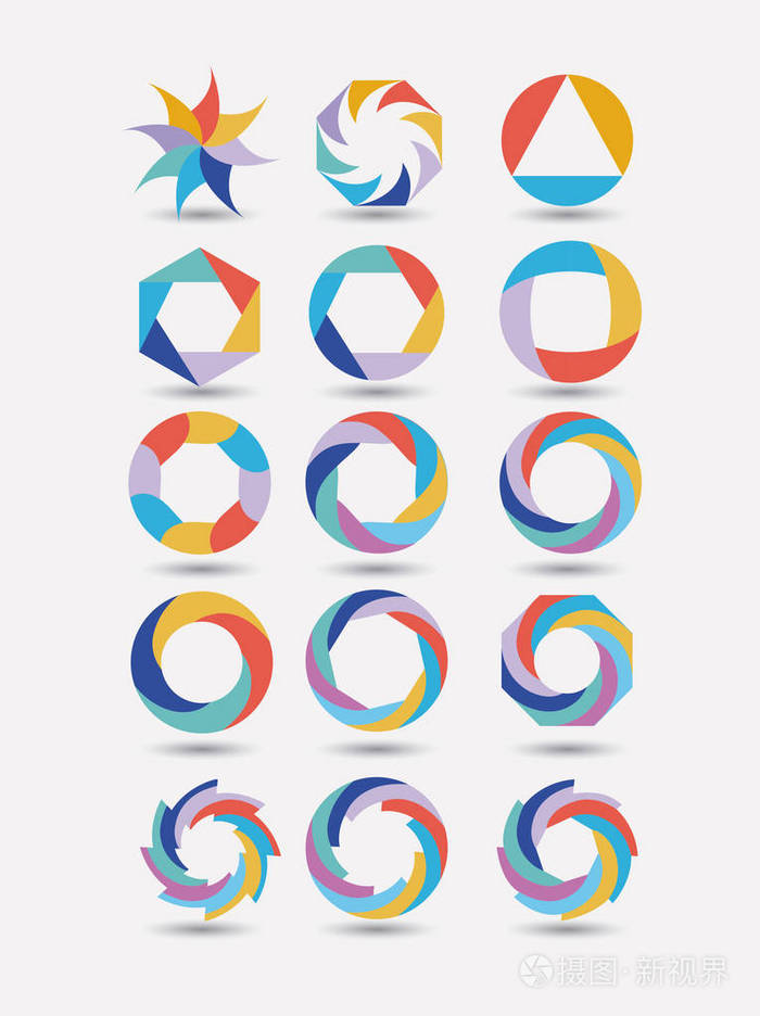 彩色抽象圆形符号在白色背景下的集合