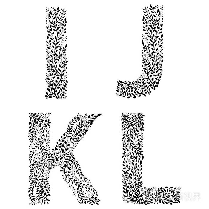 一组字母I，J.K和L，用手绘树叶，矢量插图，收集的一部分