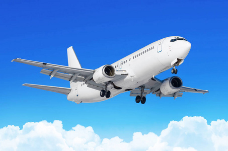 乘客飞机与底盘在着陆之前发布了在机场反对蓝色天空积云