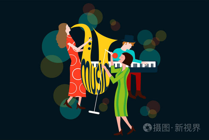 会作曲男女唱歌和演奏萨克斯和钢琴彩色矢量插图孤立在蓝色背景上插画