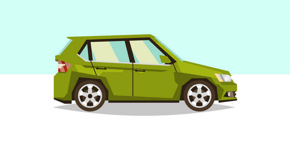 橙色汽车掀背车侧面视图运输旅行汽油引擎合金车轮矢量插图平面样式