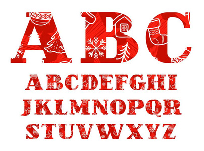 寒假英语圣诞英语字体冬季红色矢量. 英文字母的大写字母.