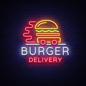 汉堡送货标志的霓虹灯风格。霓虹灯标牌横幅灯设计模板夜霓虹灯广告食品配送。矢量插图