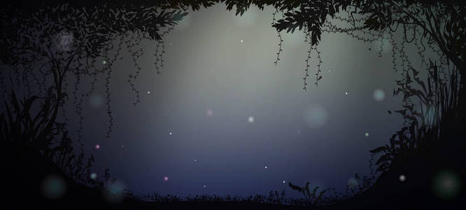 夜的深仙女森林剪影与月光和萤火虫