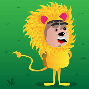 穿着狮子的男孩独自站着微笑. 矢量卡通人物插图.照片