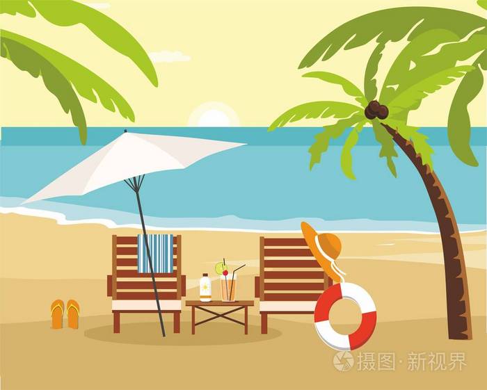 海滩上的躺椅和雨伞. 暑假和旅游