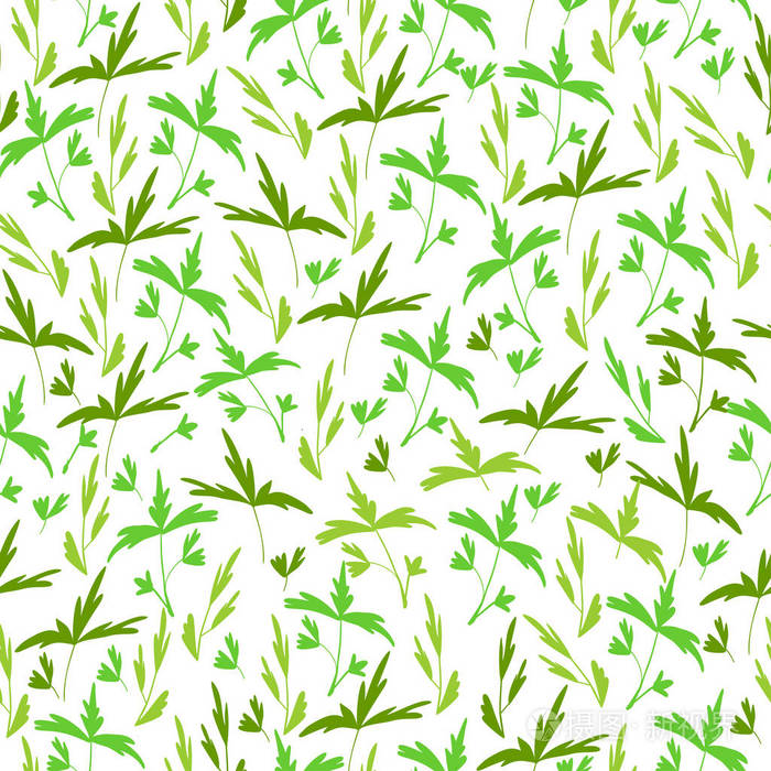 时尚的无缝花卉打印。绿色背景上的白色小叶子。可用于纺织布艺墙纸剪贴簿的设计。矢量