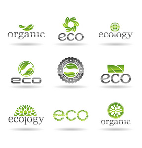 生态食品有机生物产品生态友好素食图标和生态符号。 一组矢量标志设计元素，徽章标签和标志模板为您的业务。