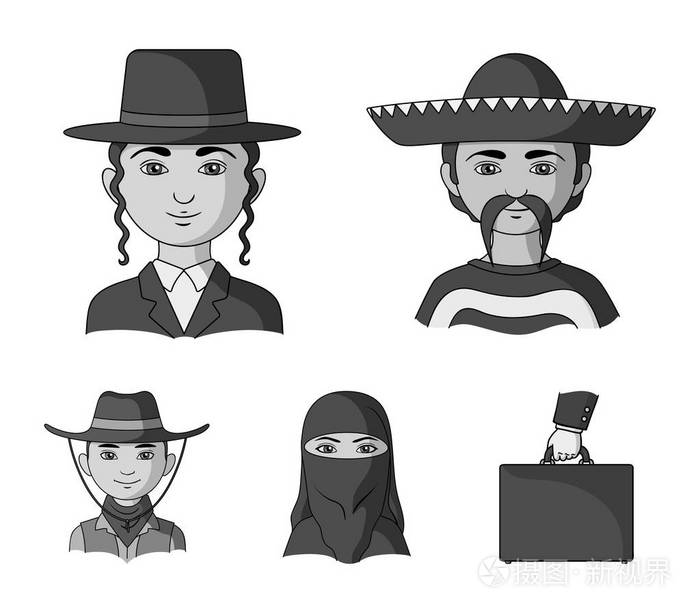 墨西哥，一个犹太人，一个女人从中东地区，美国。人类种族在单色风格矢量符号股票图 web 设置集合图标