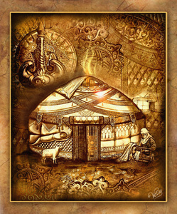 绘画,亚洲主题,圣人插图,哈萨克生活,东方传统,蒙古包,奥尔,哈萨克村