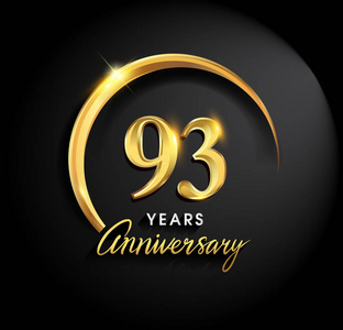 93周年庆典。 周年纪念标志与戒指，优雅金色的黑色背景矢量设计，庆祝邀请卡和贺卡