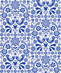 斯堪的纳维亚无缝民间艺术矢量图案花卉重复背景与鸟类和花卉海军蓝饰品