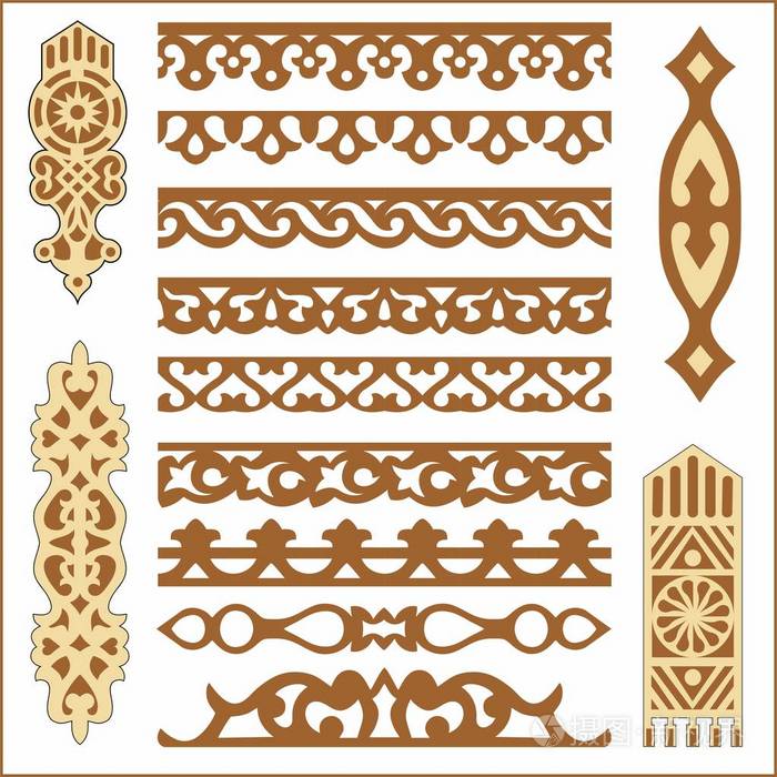 俄罗斯古代木雕图案和纹饰的矢量插图