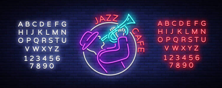 爵士乐咖啡馆标志在霓虹灯样式。霓虹灯标志符号, 标志, 轻横幅, 发光标志。明亮的霓虹灯广告为爵士乐俱乐部, 咖啡馆, 餐馆, 