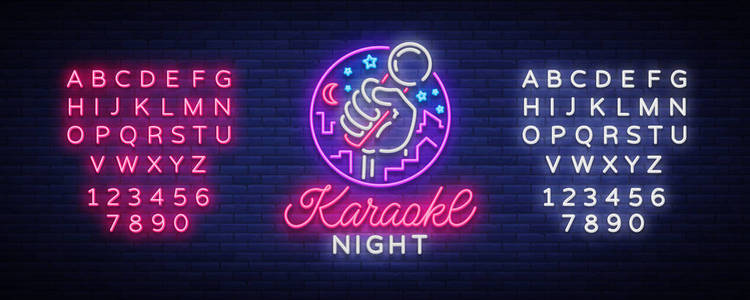 卡拉 ok 夜媒。霓虹灯标志, 发光标志, 符号, 轻横幅。广告明亮的夜卡拉 ok 酒吧, 党, 迪斯科酒吧, 夜总会现场音乐。