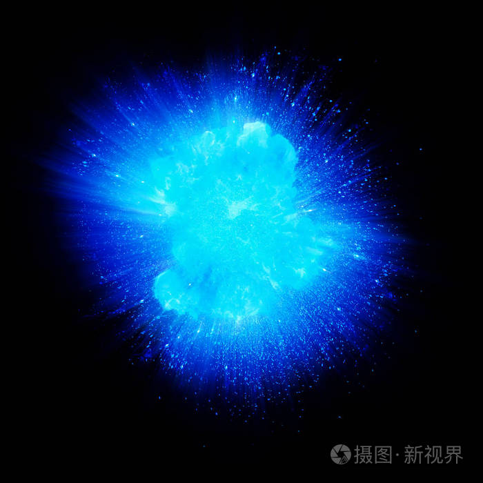 现实的蓝色爆炸火花和烟雾隔离在黑色背景上