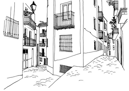 的小山的可爱山顶城镇典型意大利浪漫街老城市街道在手画线剪影样式