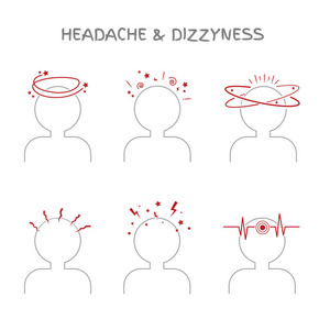 一套头痛和头晕迹象的医疗和保健插图。 图标显示眩晕前庭问题，疾病和恶心。 在白色上分离的矢量元素。