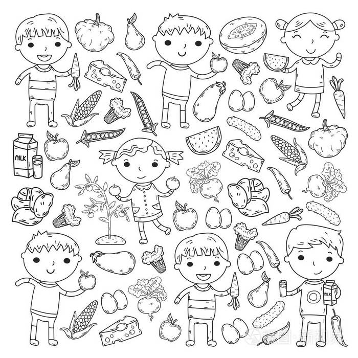 插画 教育 幼儿园托儿所的孩子们吃健康的食物男孩和女孩的水果和蔬菜