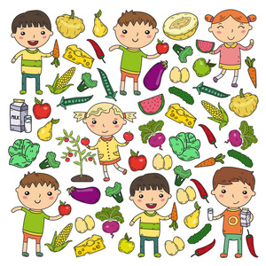 菜单维生素幼儿园托儿所的孩子们吃健康的食物男孩和女孩的水果和蔬菜