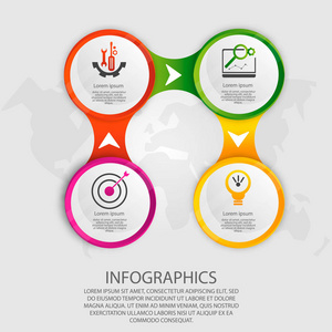 现代矢量插画3d。模板圆信息与四元素。设计用于业务演示web 设计带有4步骤选项部件或流程的图表。创意理念