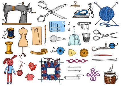 一套缝纫工具和材料或针线活的元素。手工制作的设备。裁缝店的标签, badgess。线和针, 模特刻手画写实在老复古素描