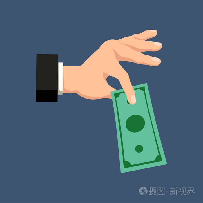 一只手拿着美元的钱在深蓝色的背景财务概念矢量插图