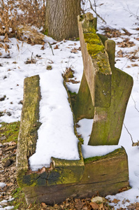 雪地草地上的木制公园长凳