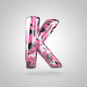 伪装粉红色字母k大写与三维渲染隔离在白色背景。