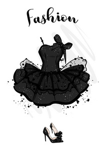 s clothing and accessories. Dress and shoes. Vector illustration