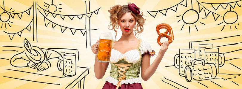美丽的啤酒节女服务员穿着传统的巴伐利亚礼服，戴着椒盐卷饼和啤酒杯，在带有醉醺醺的旅游背景的简陋啤酒帐篷上做着轻蔑的鬼脸。 脸