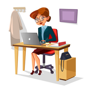 女商人在办公室矢量卡通女孩经理自信地在办公桌前工作的现代笔记本电脑