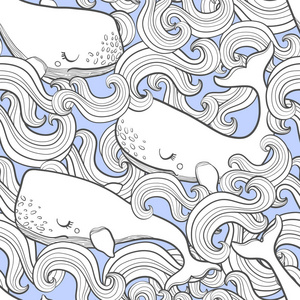 图形的鲸鱼在天空中飞翔.海和海洋的生物.矢量幻想无缝模式.