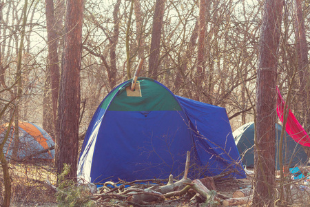帐篷在森林徒步旅行的概念